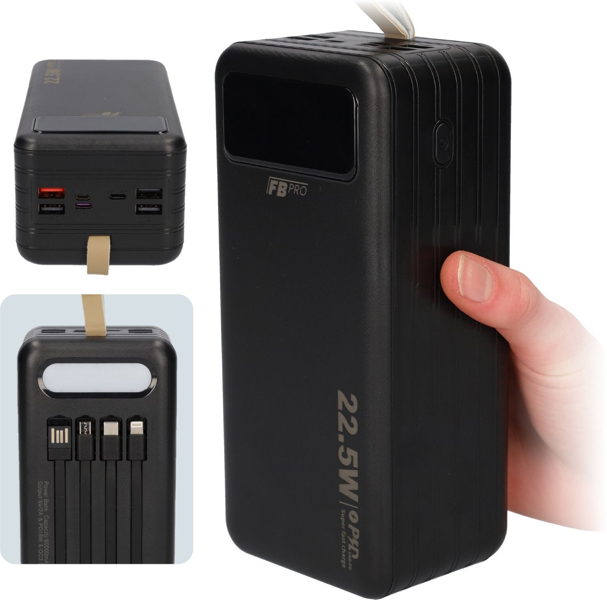 Powerbank 60000 mAh - Powerbanks - Gadgets - USB A, USB C, Micro USB & Lightning - Zwart