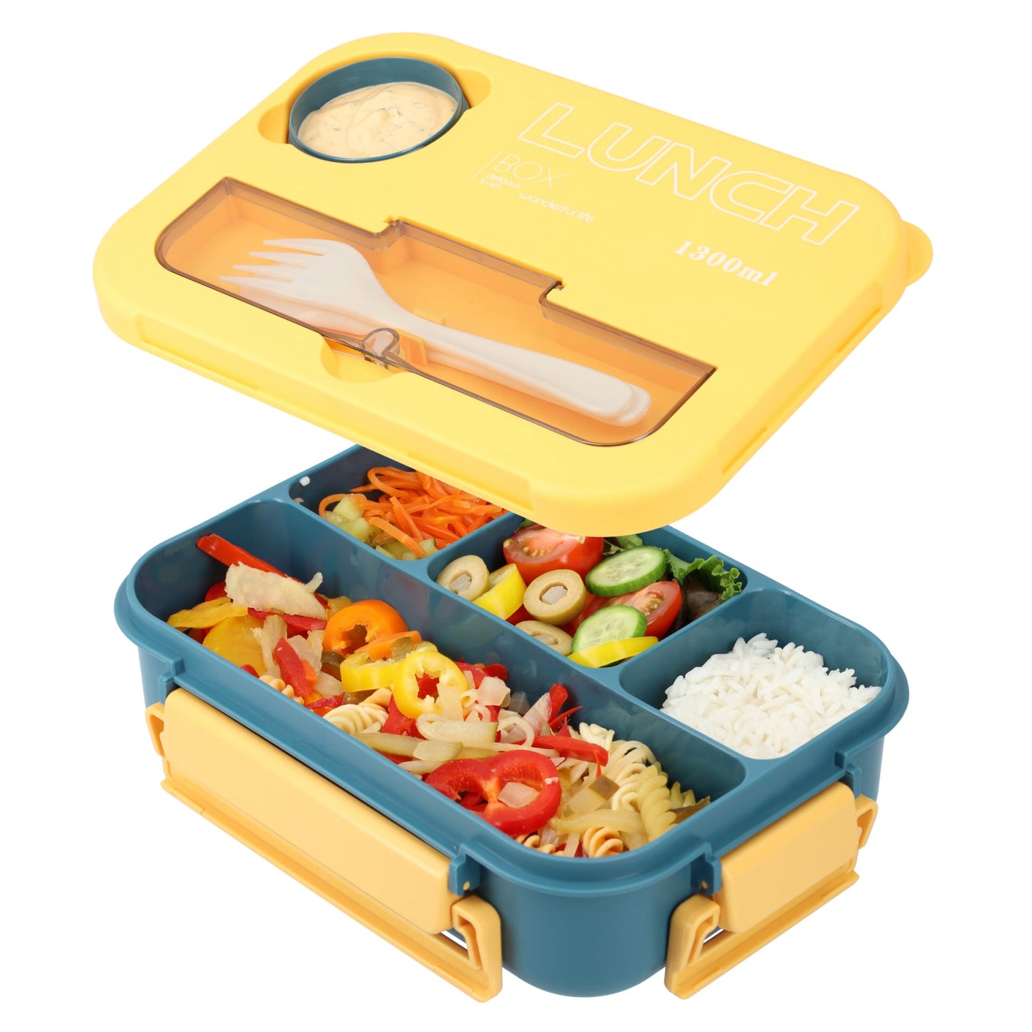 Mooie Lunchbox 1300ml - BPA vrij - Bentobox - Ook te gebruiken als Broodtrommel - Geel - Met Bestek en Sausbakje