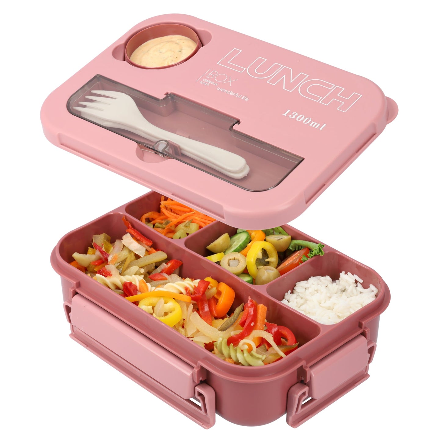 Mooie Lunchbox 1300ml - BPA vrij - Bentobox - Ook te gebruiken als Broodtrommel - Roze - Met Bestek en Sausbakje