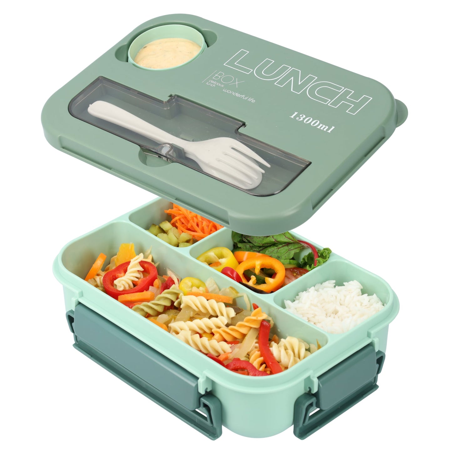 Mooie Lunchbox 1300ml - BPA vrij - Bentobox - Ook te gebruiken als Broodtrommel - Groen - Met Bestek en Sausbakje