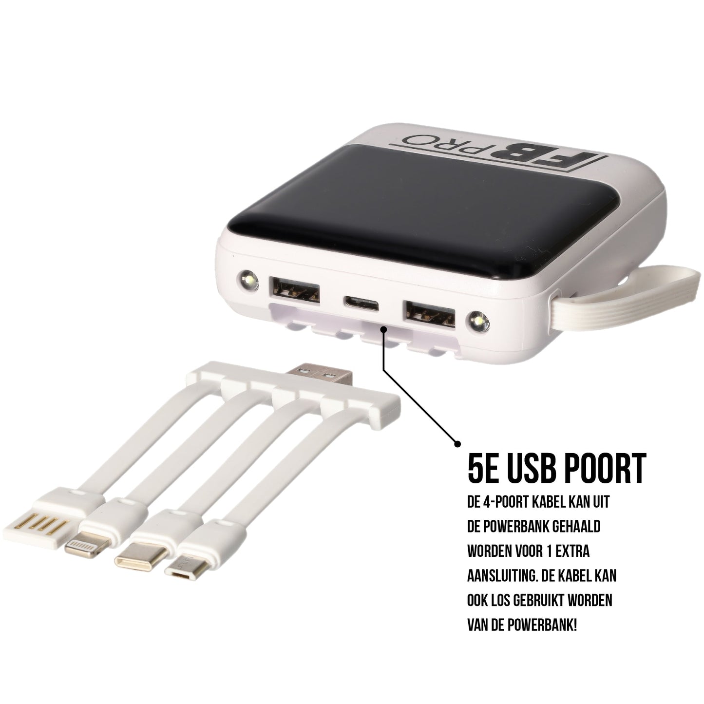 Powerbank - 10000mAh - Oplader - Snel opladen - Alle Oplaad Snoertjes Inbegrepen - Extra Zaklamp - Wit