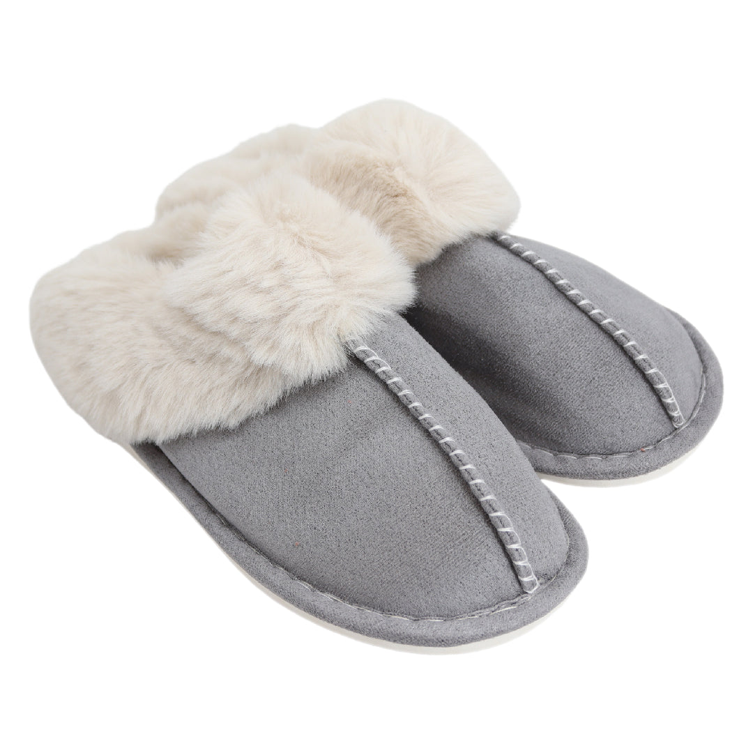 Grijze dames pantoffels met nepbont - Sloffen grijs met nepbonte voering - Antislip zool