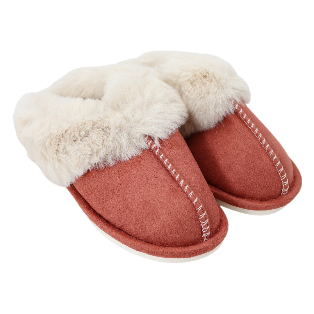 Rode dames pantoffels met nepbont - Sloffen rood met nepbonte voering