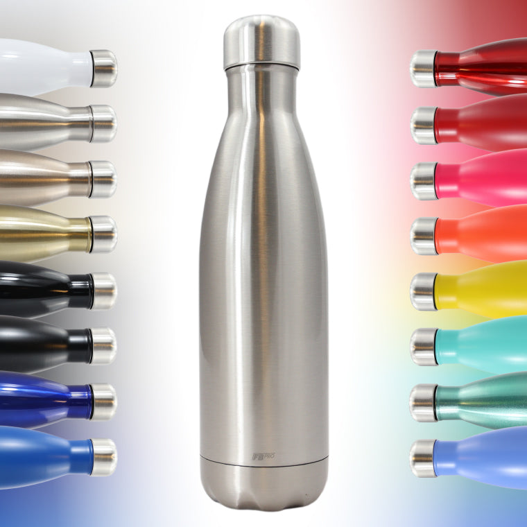 FBFS12, Thermosfles, Drinkfles, Waterfles - Modern & Slank Design - Thermos Fles voor de Warme en Koude Dagen - Dubbelwandig - Robuuste Thermoskan - 500ml - Chrome Grey - Glanzend Metaal
