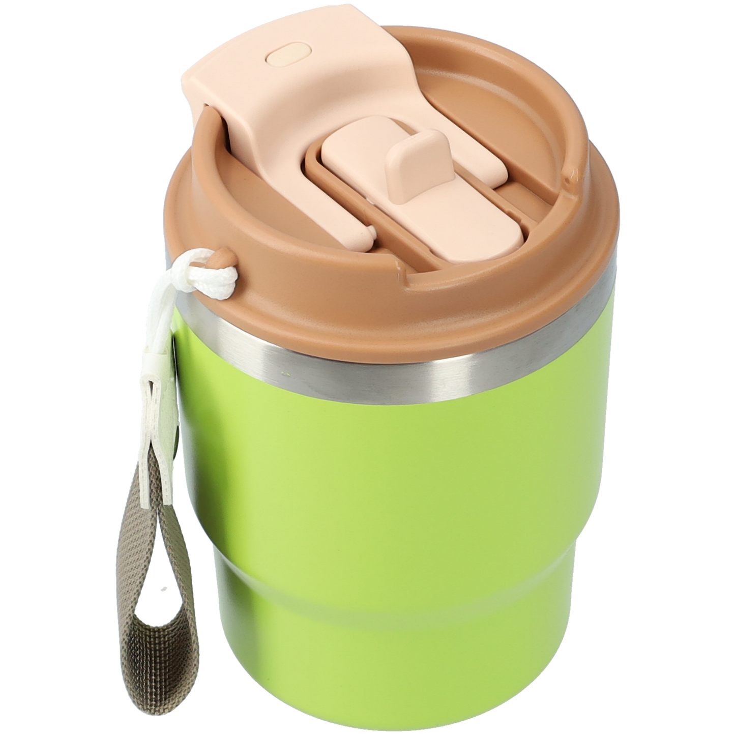 Kleine thermosbeker (400ml) - RVS drinkbeker met draaibare drinktuit en koord - Groen/Bruin