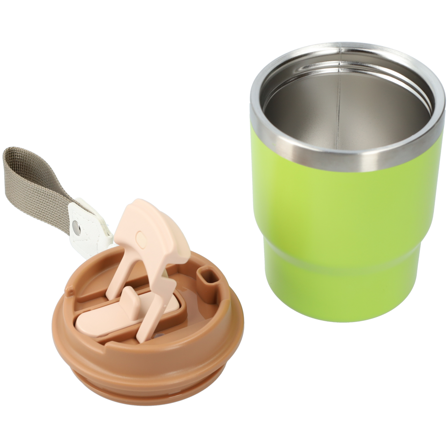 Kleine thermosbeker (400ml) - RVS drinkbeker met draaibare drinktuit en koord - Groen/Bruin