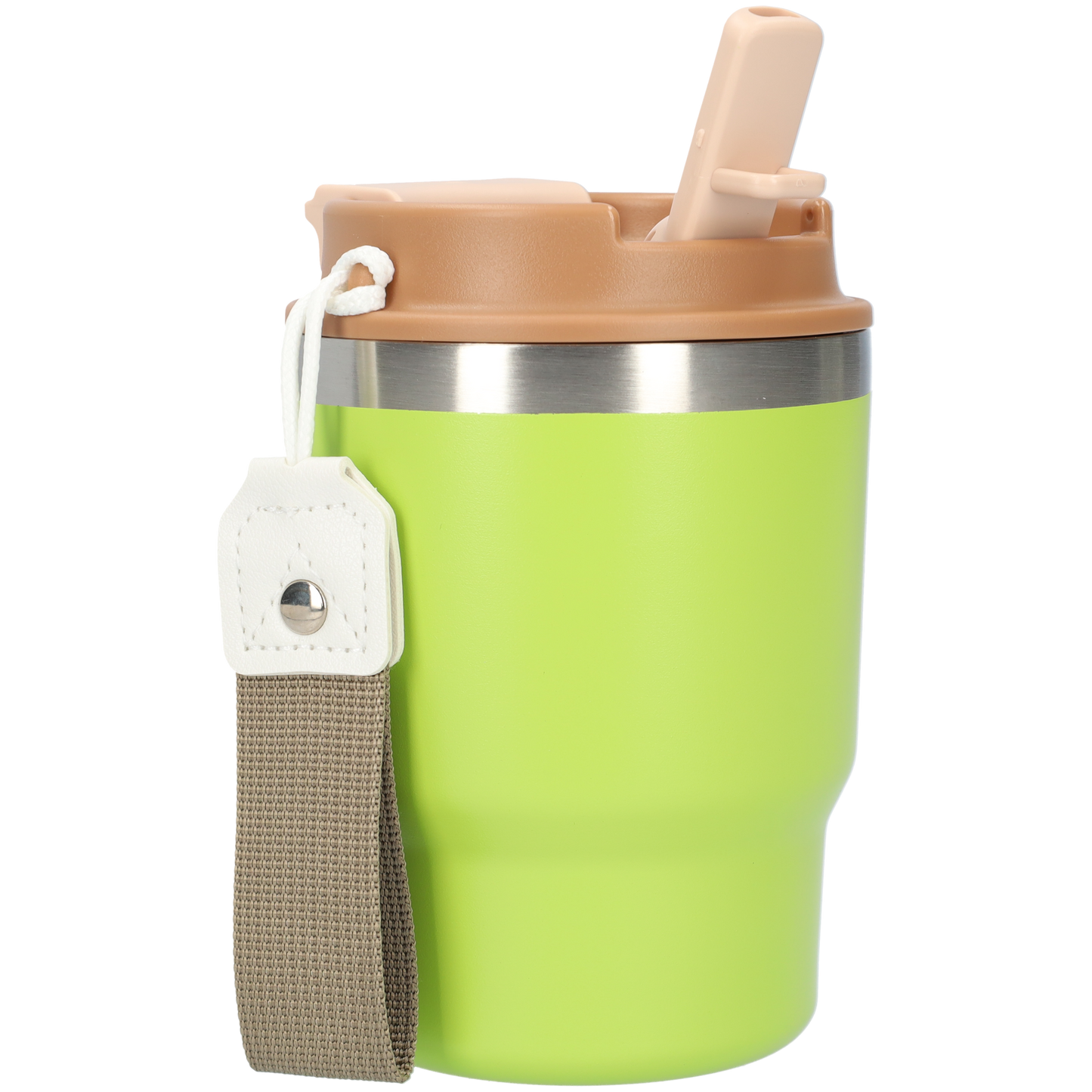 Kleine thermosbeker (400ml) - RVS drinkbeker met draaibare drinktuit en koord - Groen/Bruin