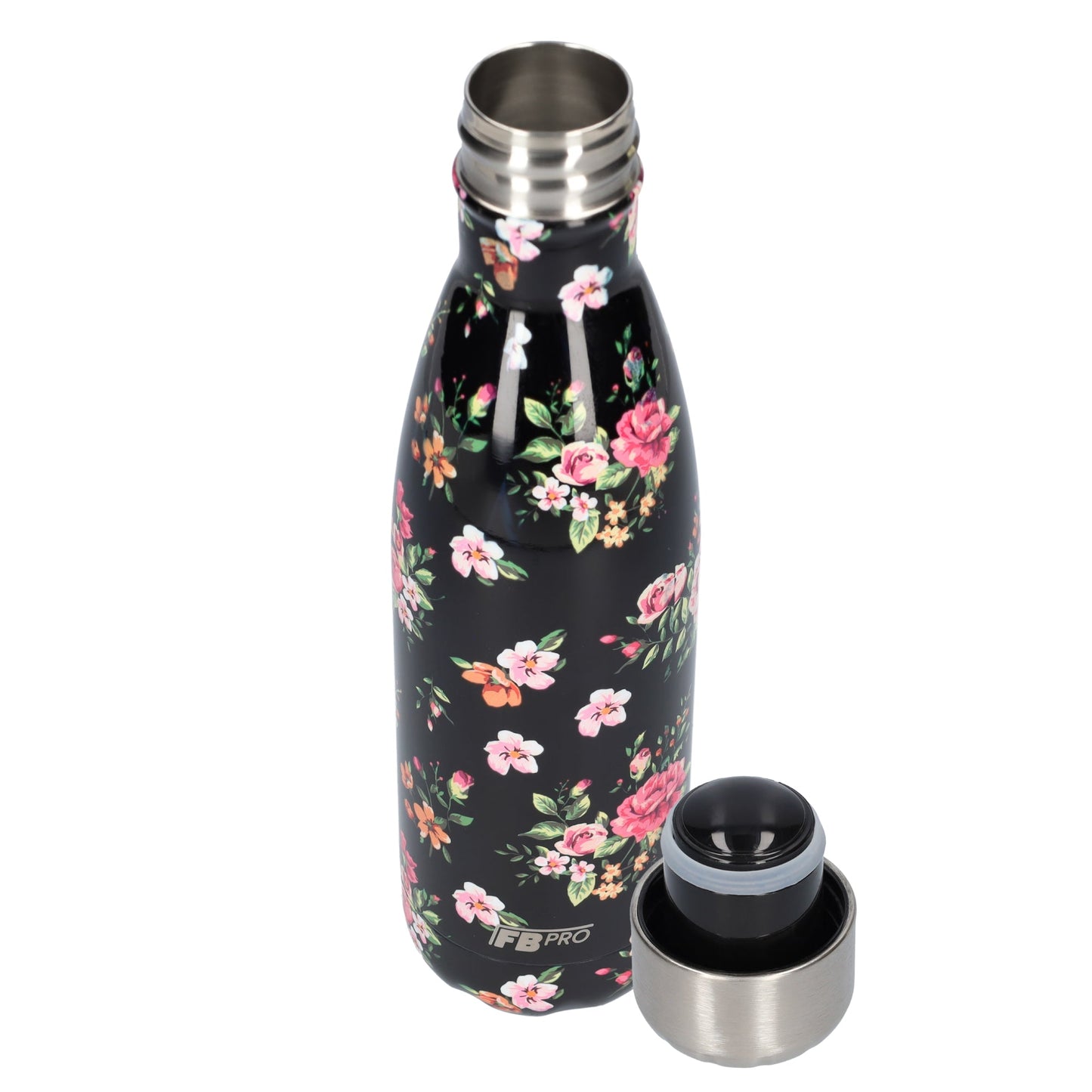 FBFS41, Thermosfles, Drinkfles, Waterfles - 500ml - Classic Black Flowers - Klassieke Zwarte Bloemen