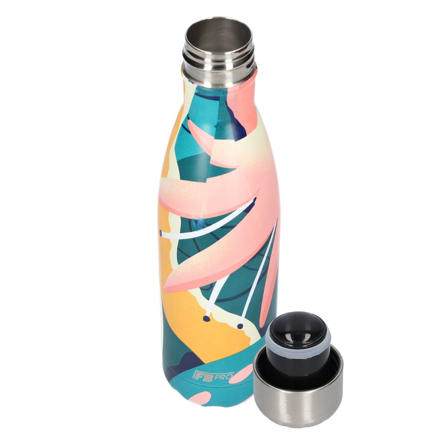 FBFS146, Thermosfles, Drinkfles, Waterfles - 500ml - Pink Leafs - Roze Bladeren
