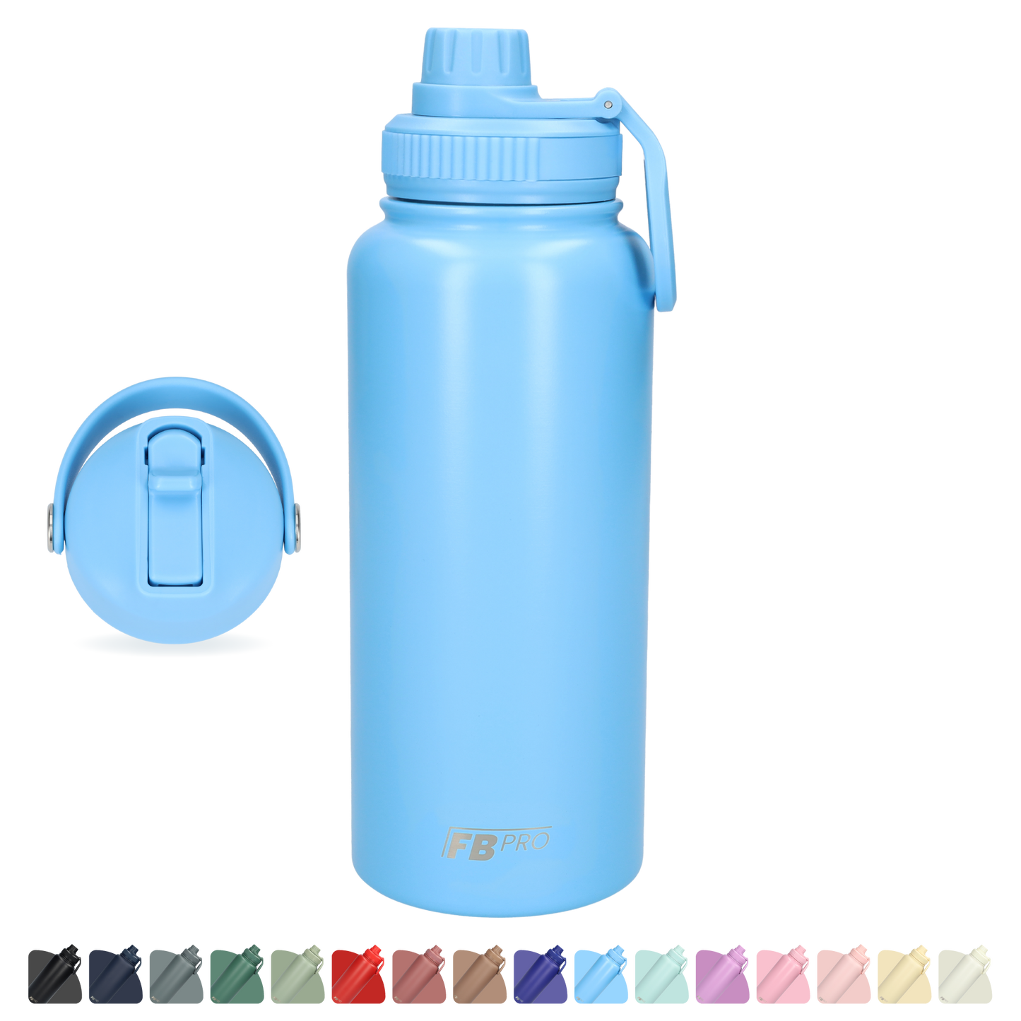 Thermos drinkfles 1 liter met extra dop - Isolerende Waterfles met draaibare drinktuit - Afgewerkt met Poedercoating - Lichtblauw