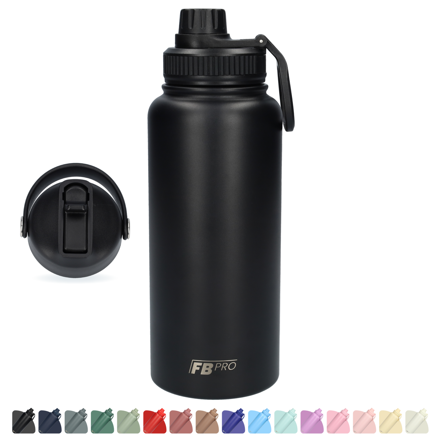Thermos drinkfles 1 liter met extra dop - Isolerende Waterfles met draaibare drinktuit - Afgewerkt met Poedercoating - Zwart