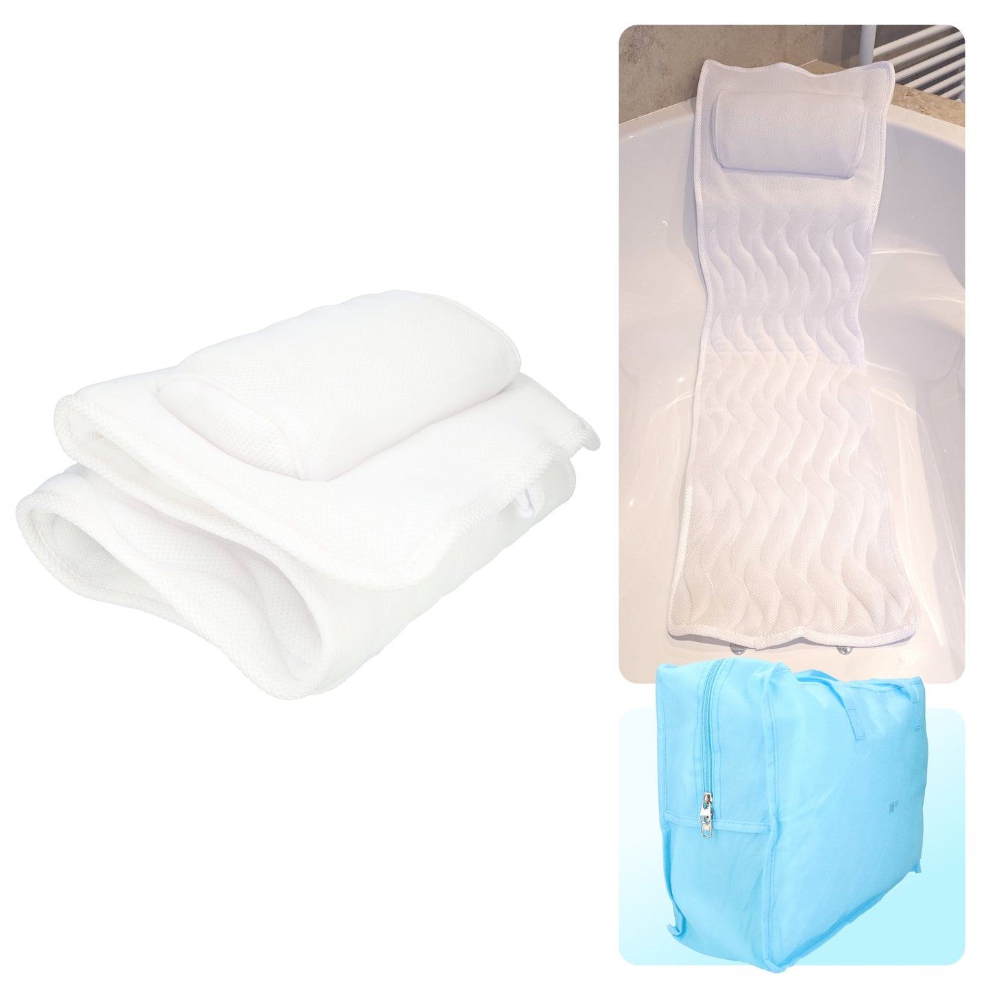 Badkussen - Bad matras / Ligbed - Ligbed voor in bad - Met kussen - Met blauwe opbergtas - Wit