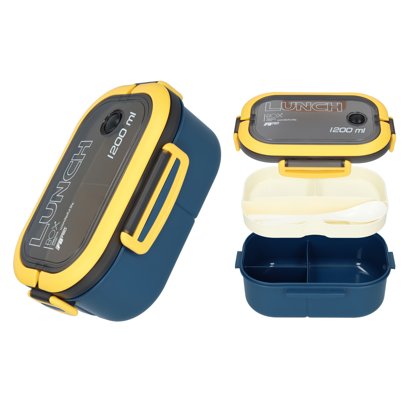 Lunchbox - Luxe bentobox - 3 vakjes - Lepel en vork inbegrepen - Ook te gebruiken als broodtrommel - Luchtdicht en lekvrij - 1200 ml - Blauw