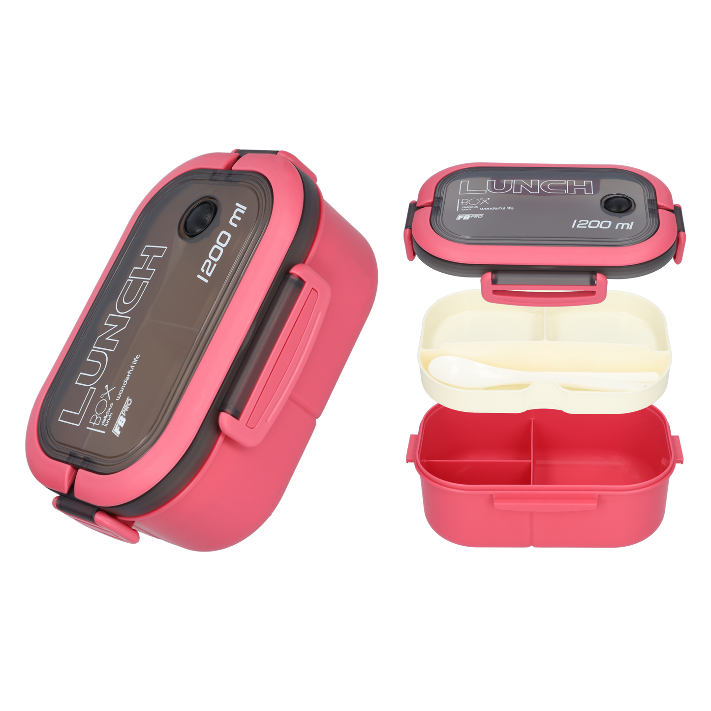 Lunchbox - Luxe bentobox - 3 vakjes - Lepel en vork inbegrepen - Ook te gebruiken als broodtrommel - Luchtdicht en lekvrij - 1200 ml - Roze