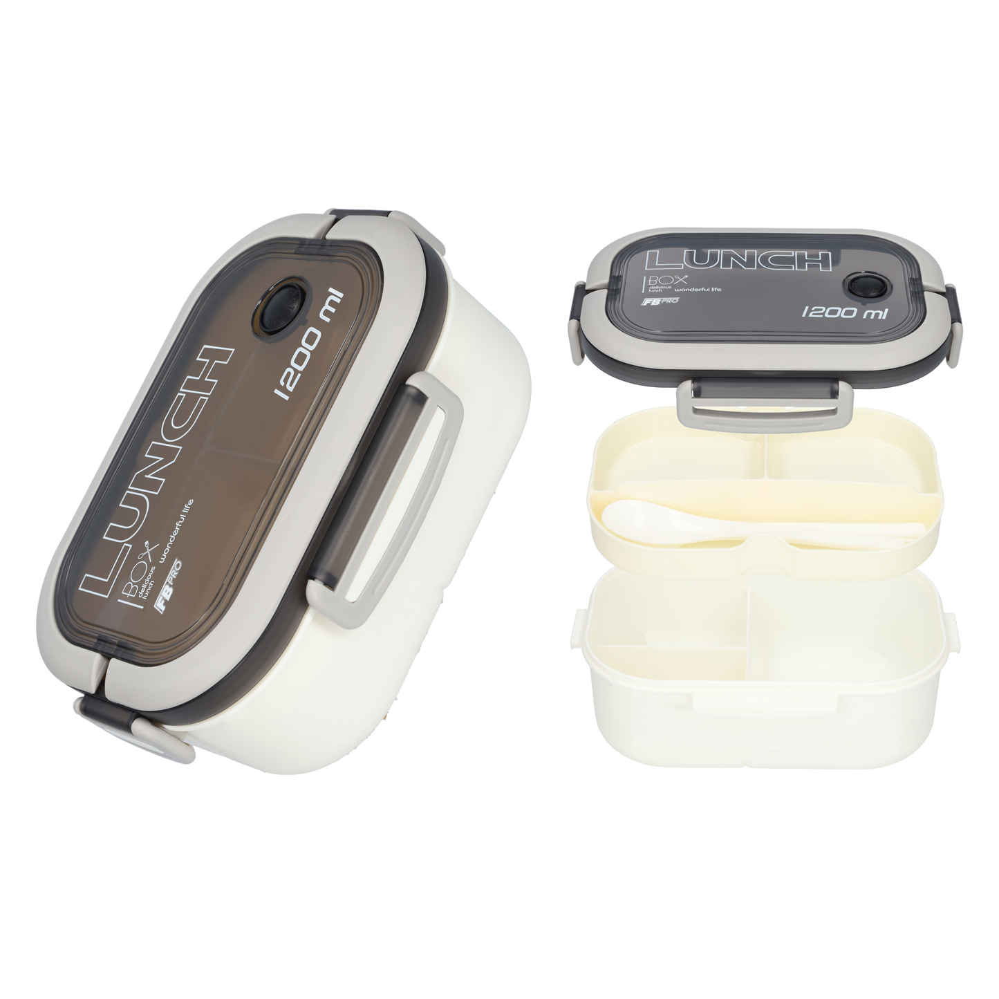 Lunchbox - Luxe bentobox - 3 vakjes - Lepel en vork inbegrepen - Ook te gebruiken als broodtrommel - Luchtdicht en lekvrij - 1200 ml - Wit