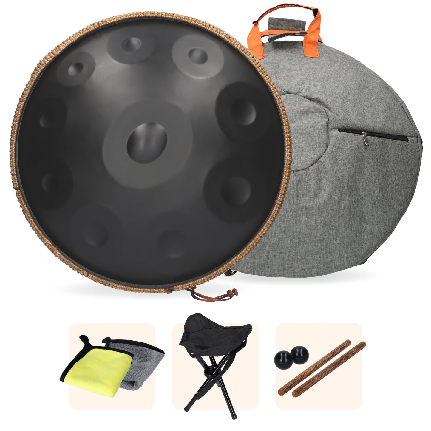 Grote Handpan - XXL handpan met standaard, 2 drumstokken, draagtas en schoonmaakdoekje! - Handpan met 10 noten - 22 inch / 56 cm - Zwart
