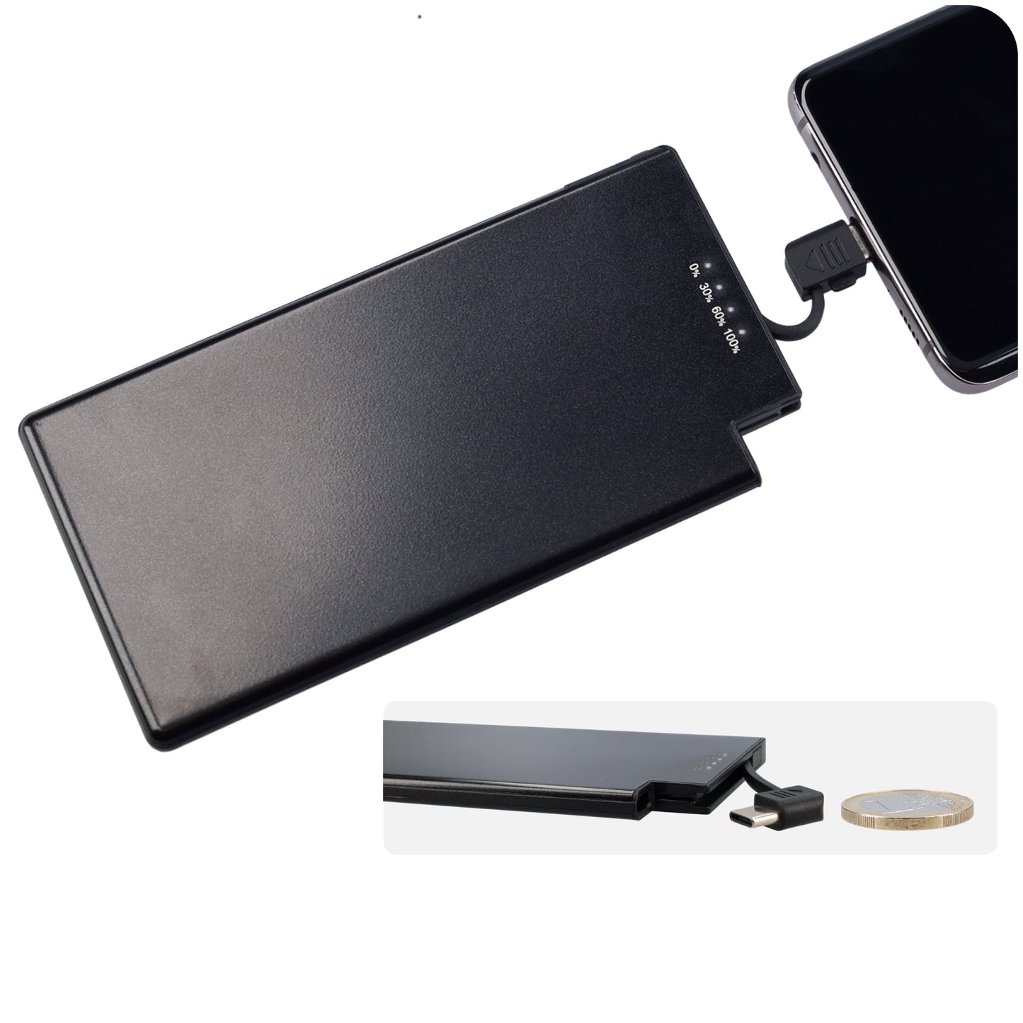Powerbank zeer plat 6mm dik - 5000 mAh - USB ingang - USB-C - Met ingebouwde kabel! - Zwart
