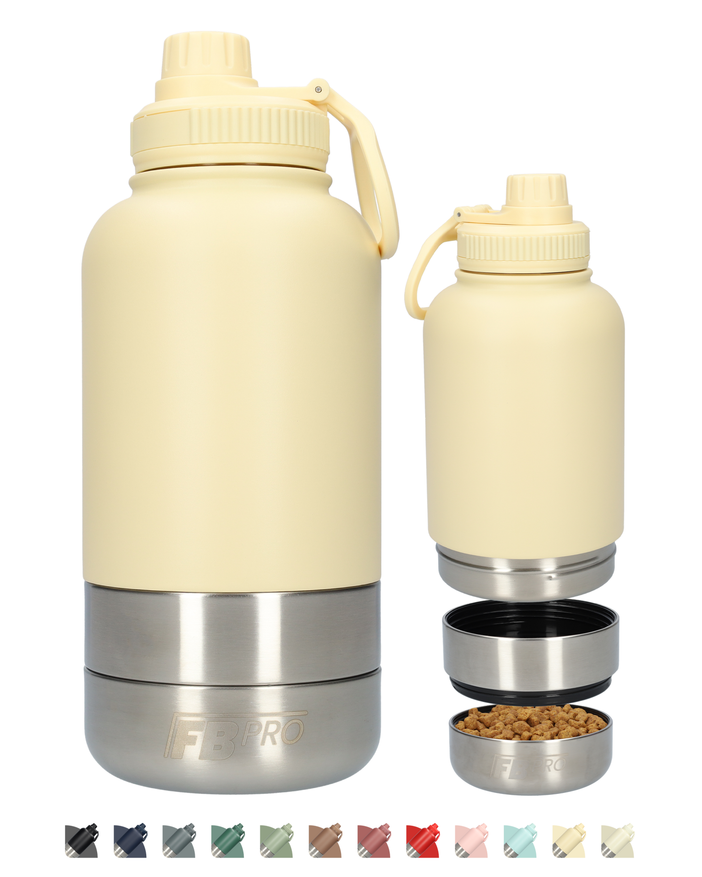 Honden drinkfles met voerbakken - Dubbelwandig - Hondendrinkbak - Hondenvoerbak - RVS Fles - BPA vrij - 1 Liter - Met handvat - Beige