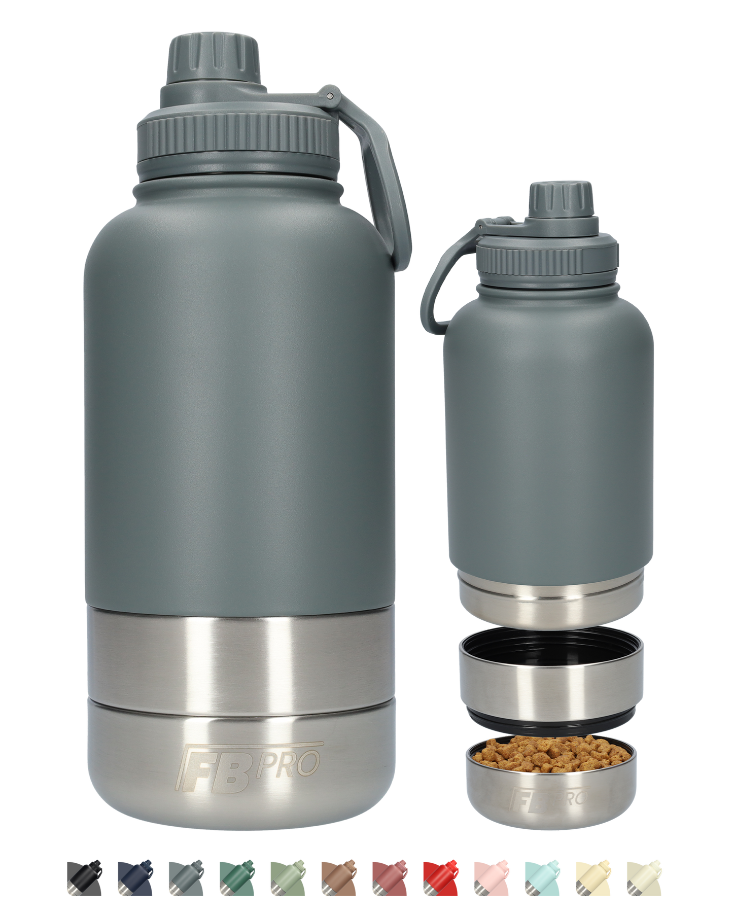 Honden drinkfles met voerbakken - Thermosfles - RVS Fles - BPA vrij - 1 Liter - Grijs