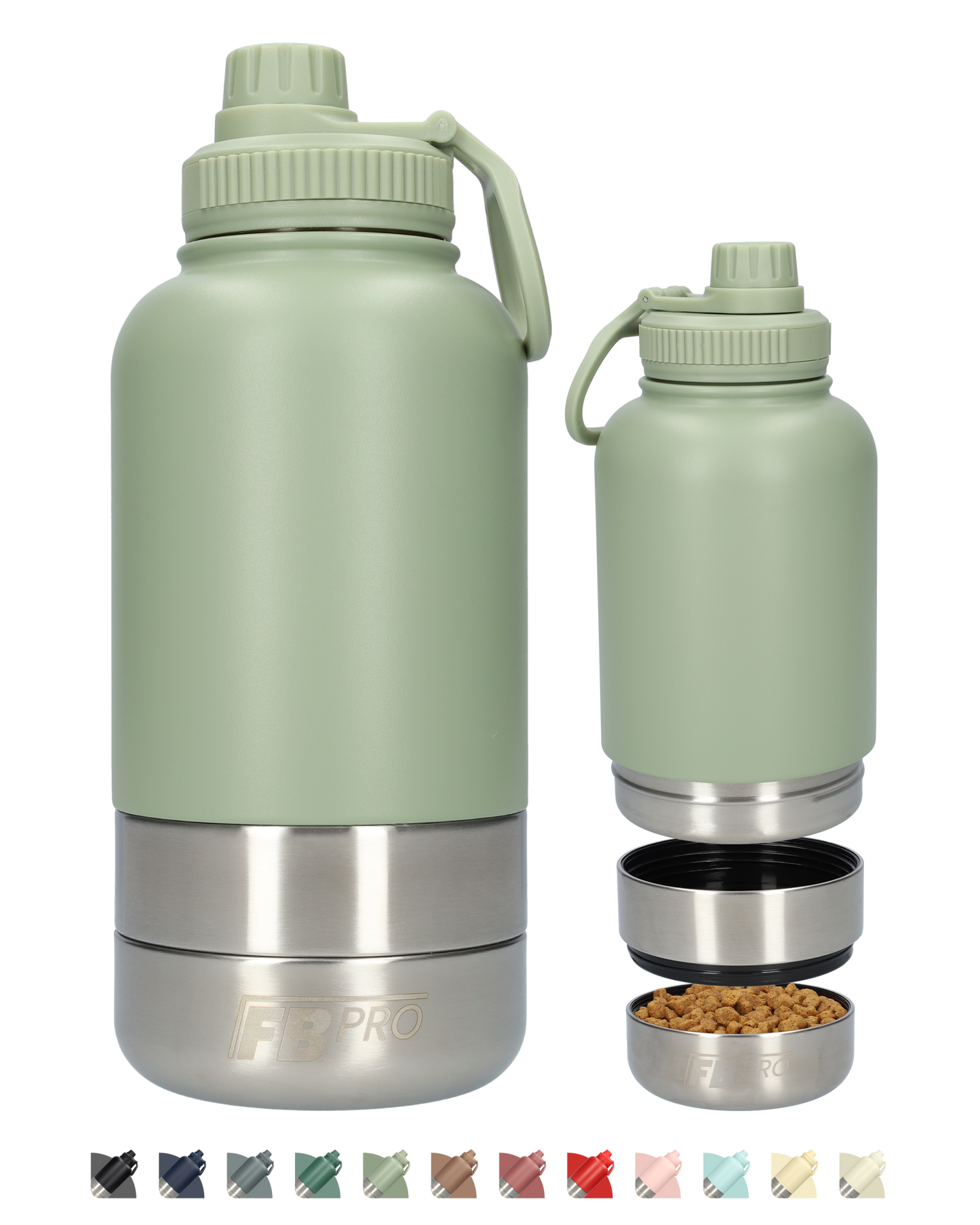 Honden drinkfles met voerbakken - RVS Fles - Lekbestendige dop - BPA vrij - 1 Liter - Met handvat - Licht Groen