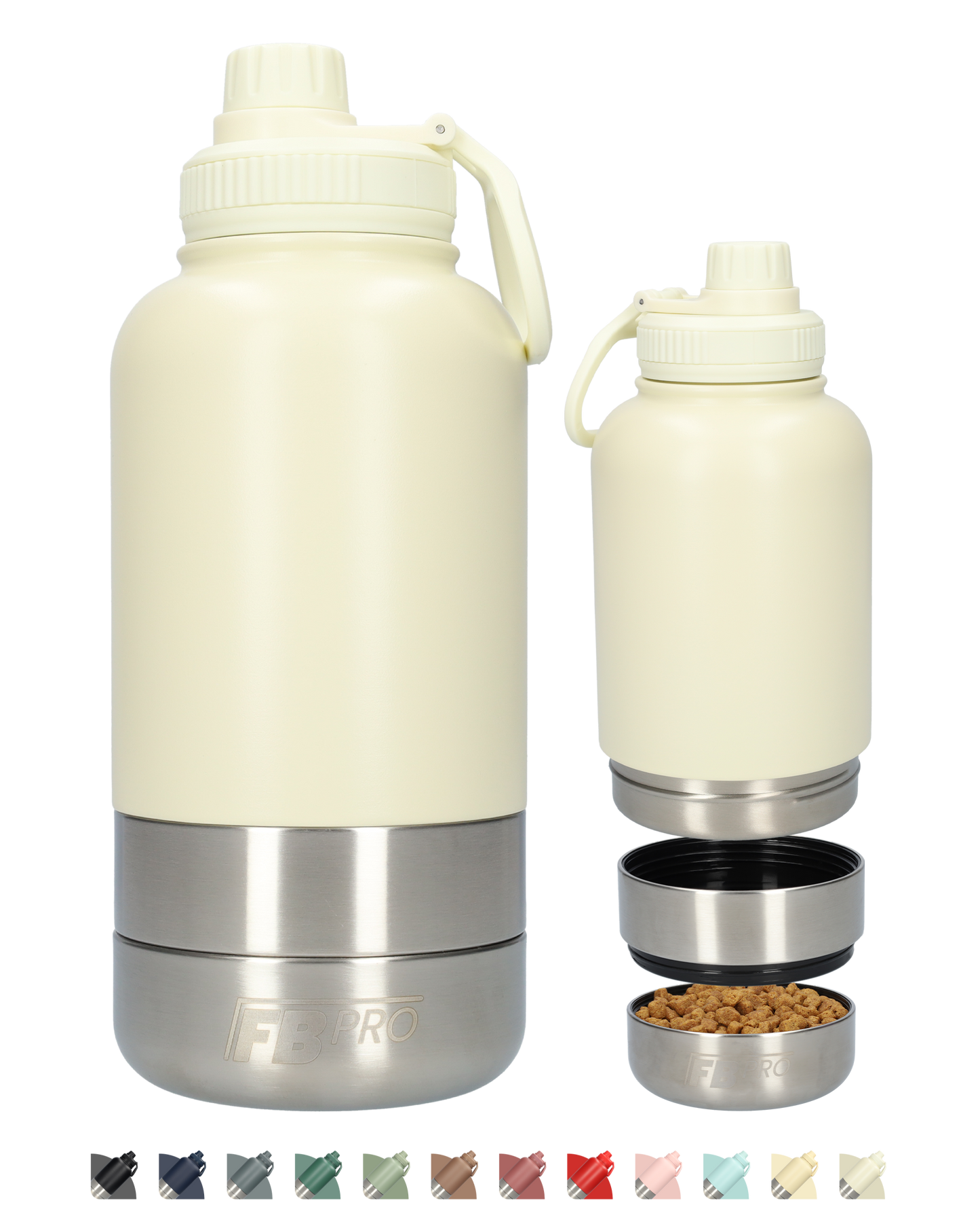 Honden drinkfles met voerbakken - Dubbelwandig - Thermosfles - RVS Fles - BPA vrij - 1 Liter - Met handvat - Créme Wit