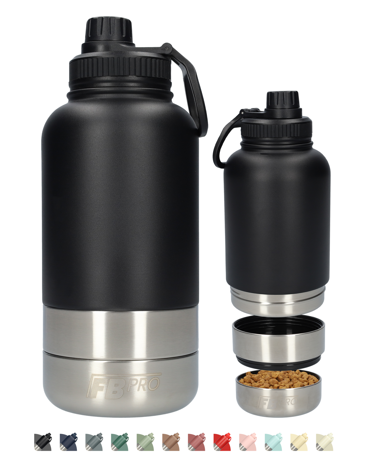 Honden drinkfles met voerbakkens - RVS Fles -BPA vrij - 1 Liter - Met handvat - Zwart