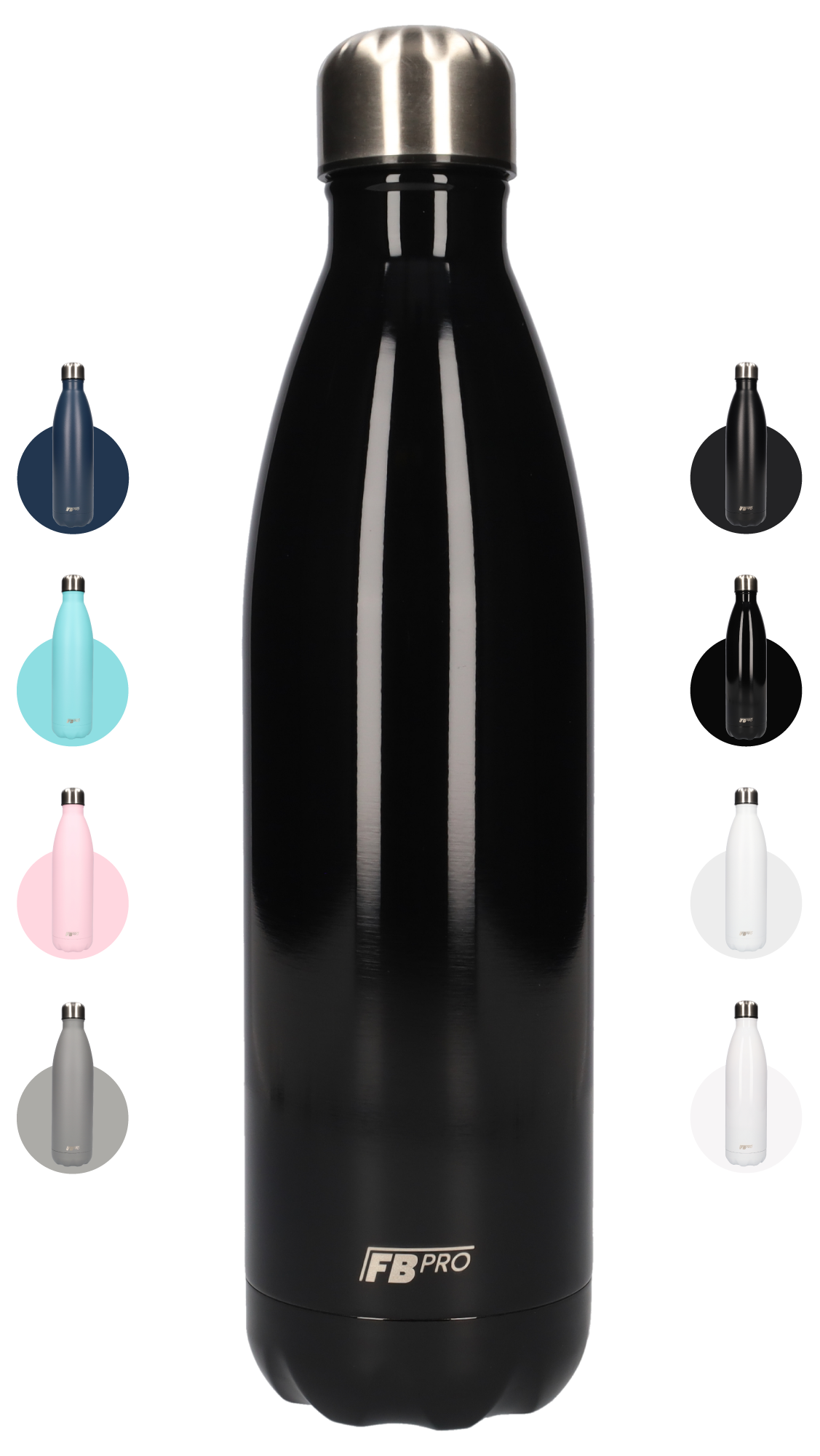 FBFS65, Thermosfles, Drinkfles, Waterfles - Modern & Slank Design - Dubbelwandig - 750ml - Glans Zwart