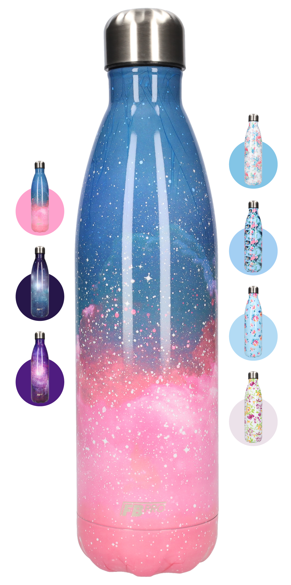 FBFS162 Thermosfles, Drinkfles, Waterfles - 750 ml - Dubbelwandig - Roze Blauwe sterren - Pink Blue Stars