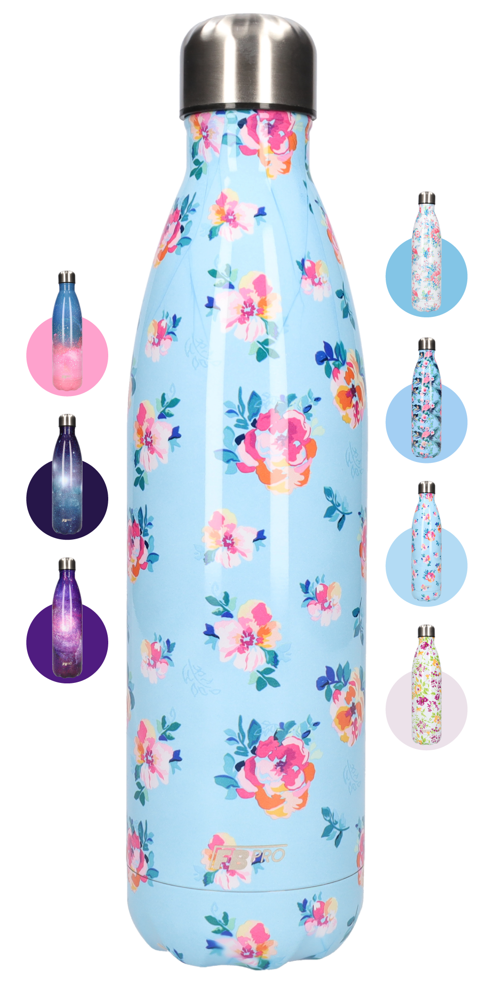 FBFS171 Thermosfles, Drinkfles, Waterfles - 750 ml - Blauw Roze Bloemen - Blue & Pink Flowers