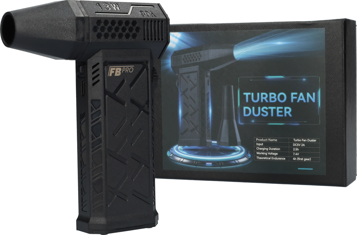 FBT155 - Turbo fan met draaiknop - 155g stuwkracht - 13 Watt - 30A - 7.4V - USB-C oplaadbaar - Compact formaat - Voor reiniging
