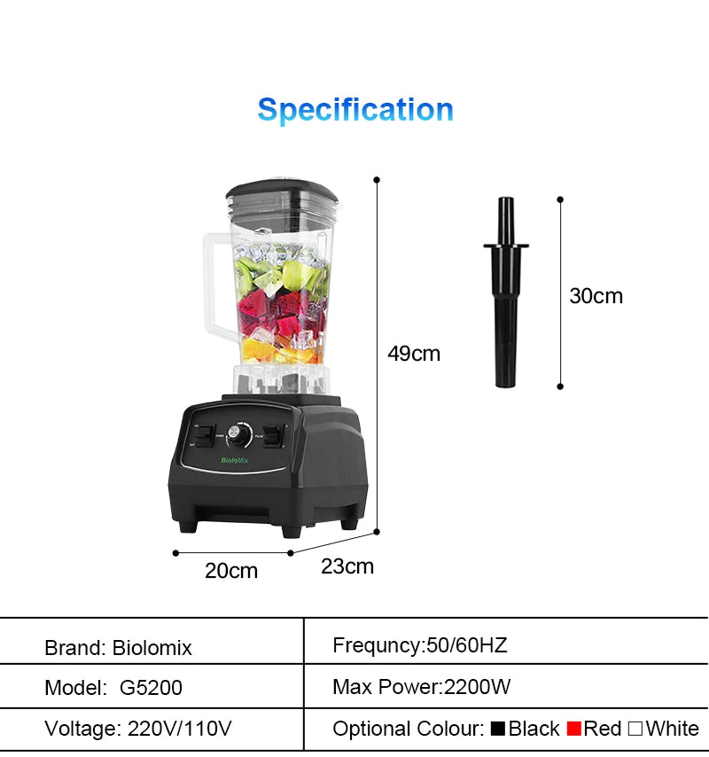 BioloMix G5200 Blender met 3PK (2200 Watt) - 2L Inhoud - Bijzonder Krachtig - 6 Messen - Smoothie Maker - Ice Crusher - Voor Alle Gezonde Sapjes! - Noten Malen - Zwart
