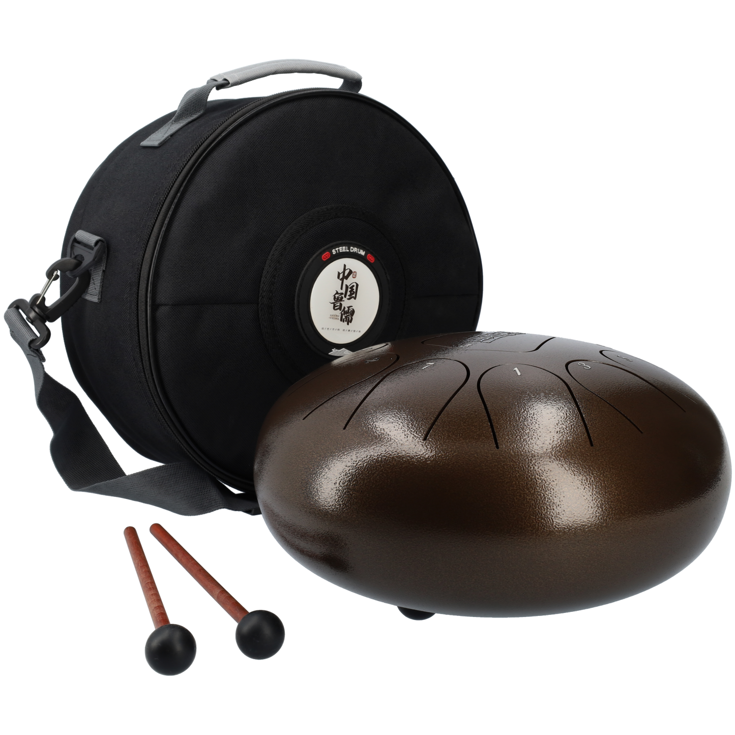 Handpan klankschaal - Tongue drum met bijpassende tas - Met 2 drumsticks! - 25.4 CM / 10 inch diameter - Donkerbruin brons