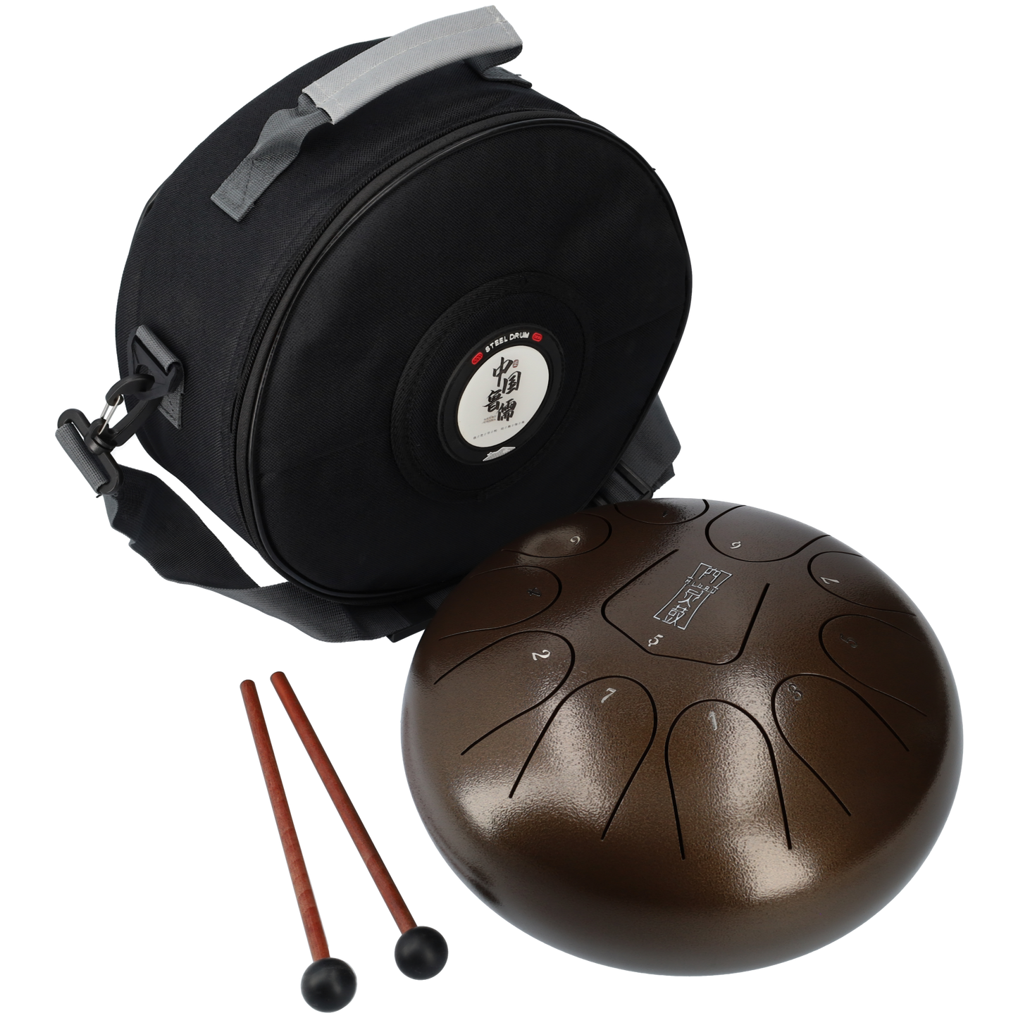 Handpan klankschaal - Tongue drum met bijpassende tas - Met 2 drumsticks! - 25.4 CM / 10 inch diameter - Donkerbruin brons