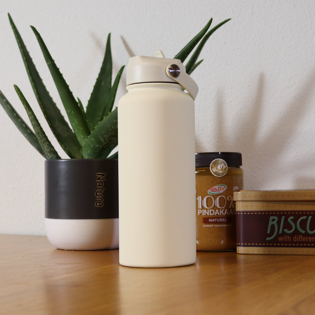 Thermos waterfles 1 liter - Isolerende Waterfles met Draaibare Drinktuit - Ivoor Wit