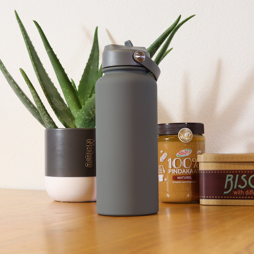 Thermos waterfles 1 liter - Isolerende Waterfles met Draaibare Drinktuit - Grijs
