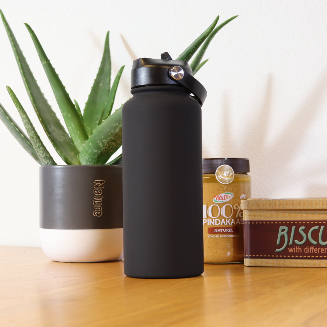 Thermos waterfles 1 liter - Isolerende Waterfles met Draaibare Drinktuit - Zwart