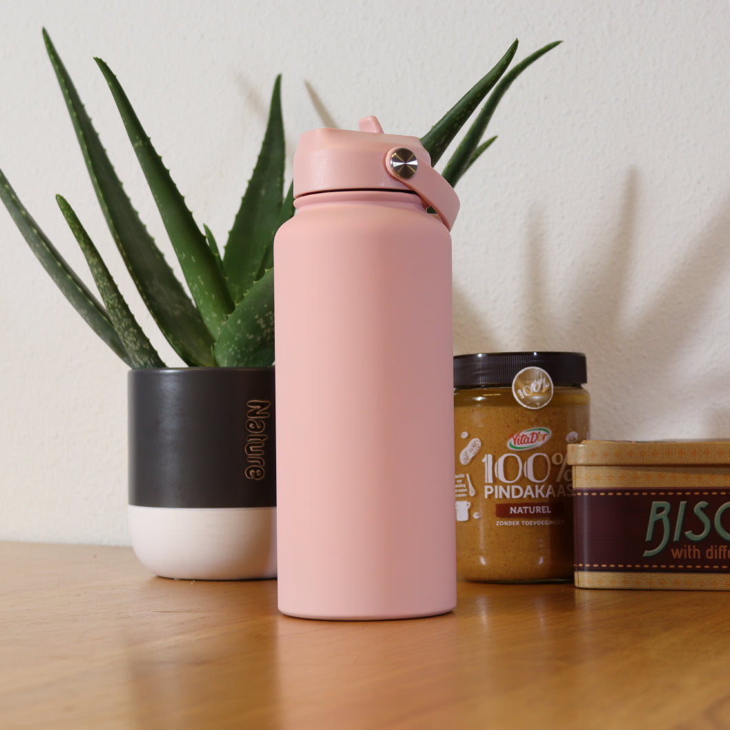 Thermos waterfles 1 liter - Isolerende Waterfles met Draaibare Drinktuit - Blush Pink - Roze