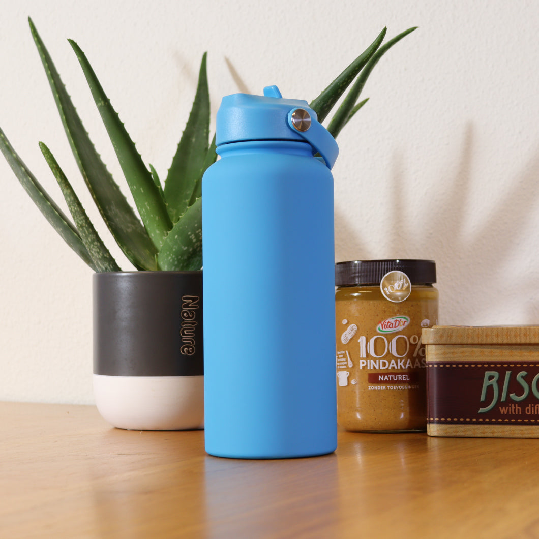 Thermos waterfles 1 liter - Isolerende Waterfles met Draaibare Drinktuit - Aqua Blue - Blauw
