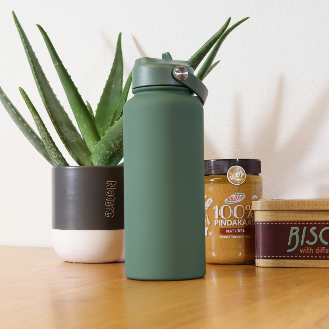 Thermos waterfles 1 liter - Isolerende Waterfles met Draaibare Drinktuit - Moss Green - Donkergroen - Groen