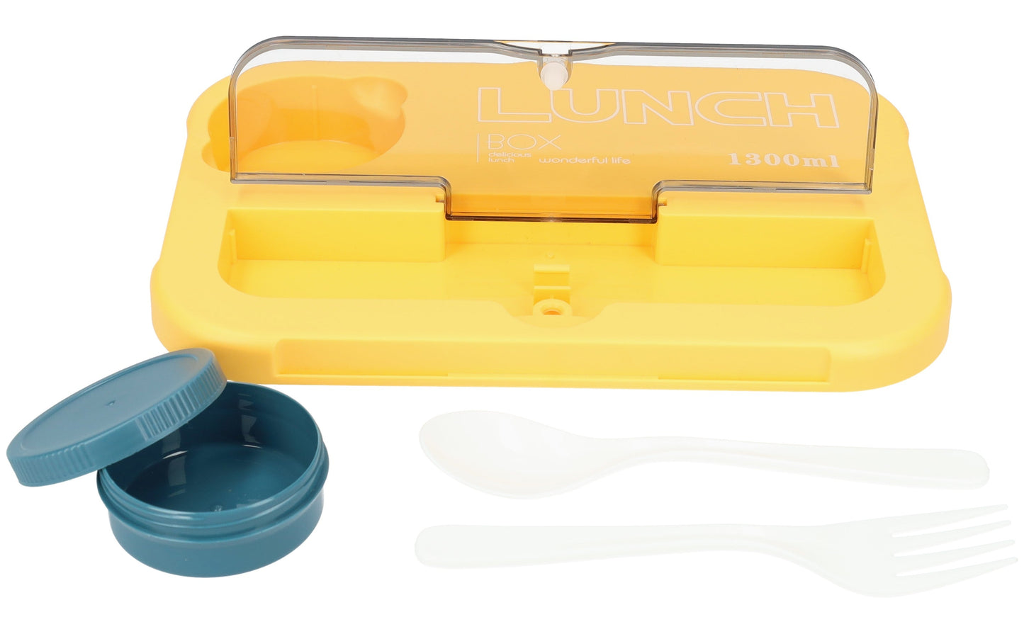 Mooie Lunchbox 1300ml - BPA vrij - Bentobox - Ook te gebruiken als Broodtrommel - Geel - Met Bestek en Sausbakje