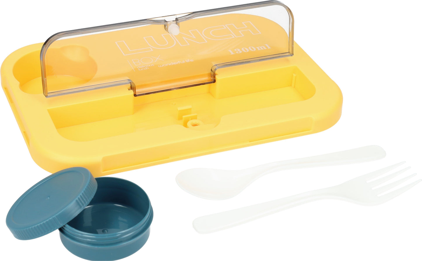 Mooie Lunchbox 1300ml - BPA vrij - Bentobox - Ook te gebruiken als Broodtrommel - Geel - Met Bestek en Sausbakje