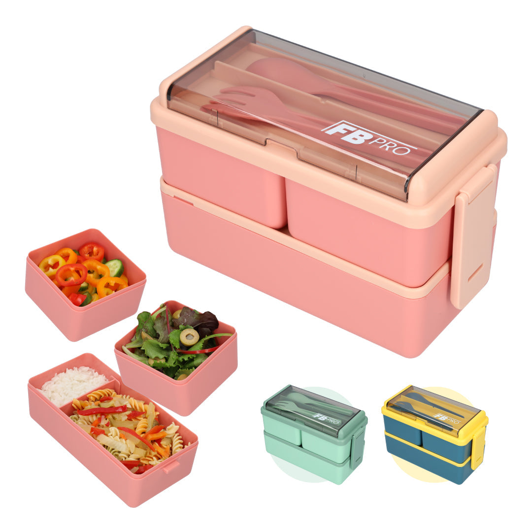 Lunchbox - 1400ml - Met servies en vakjes x3 - Roze