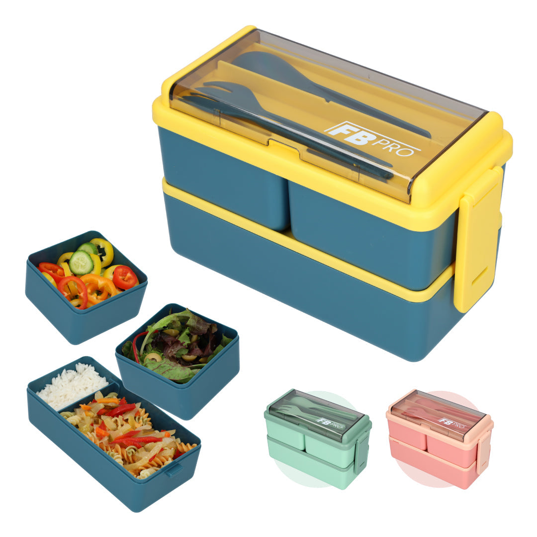 Lunchbox - 1400ml - Met servies en vakjes x3 - Geel & Blauw