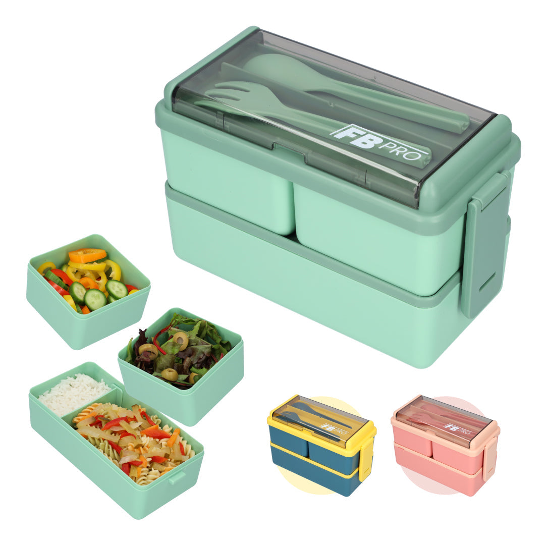 Lunchbox - 1400ml - Met servies en vakjes x3 - Groen