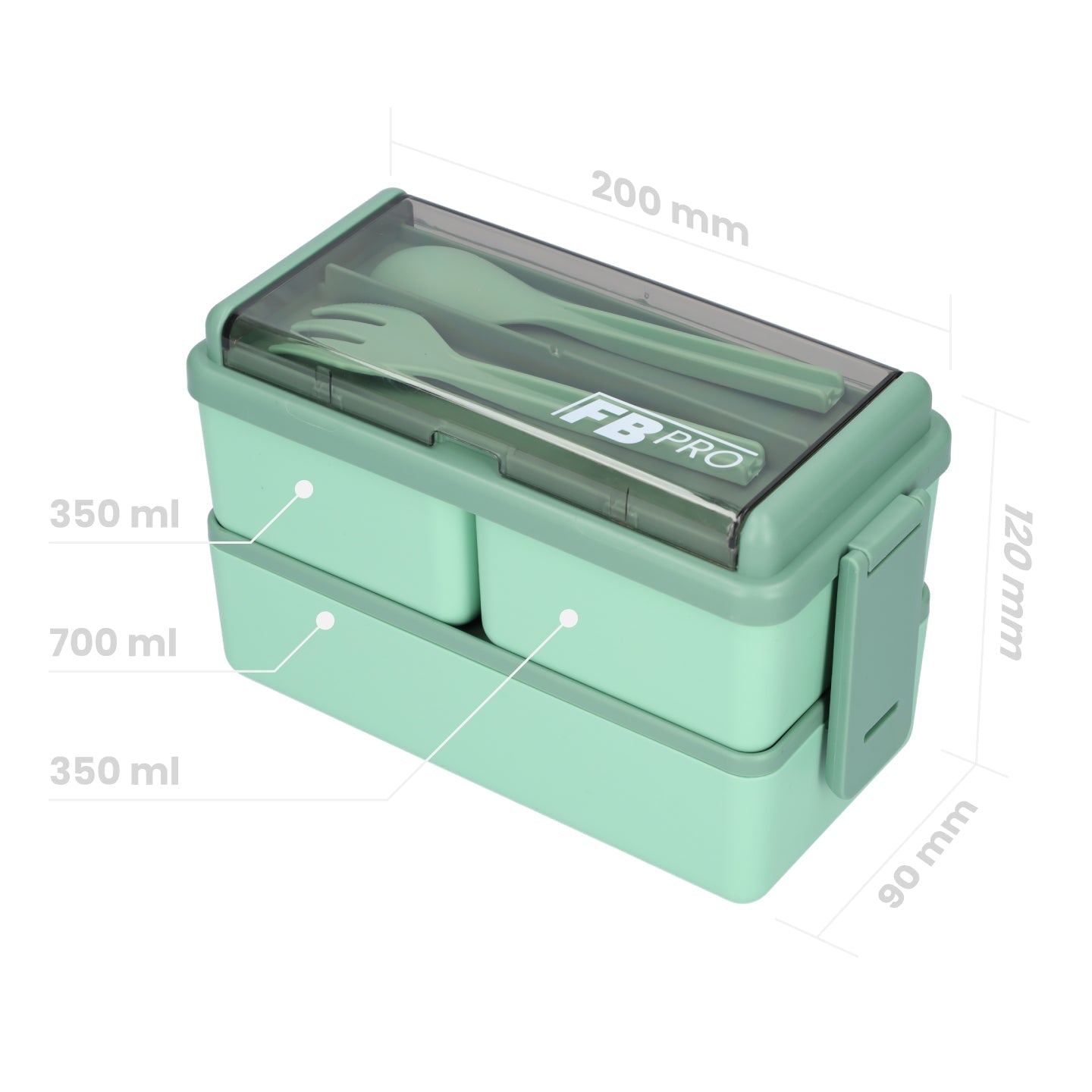 Lunchbox - 1400ml - Met servies en vakjes x3 - Groen