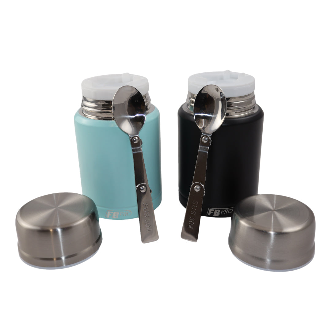 Lichtblauwe & Zwarte Thermos Voedselcontainer met Lepel x2 - Licht blauw & Zwart - 450ml