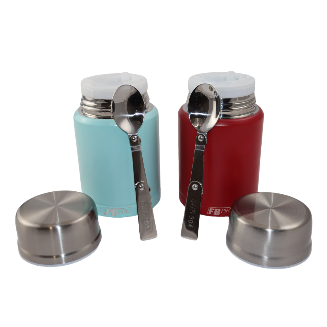 Lichtblauwe & Rode Thermos Voedselcontainer met Lepel x2 - Licht blauw & Rood - 450ml