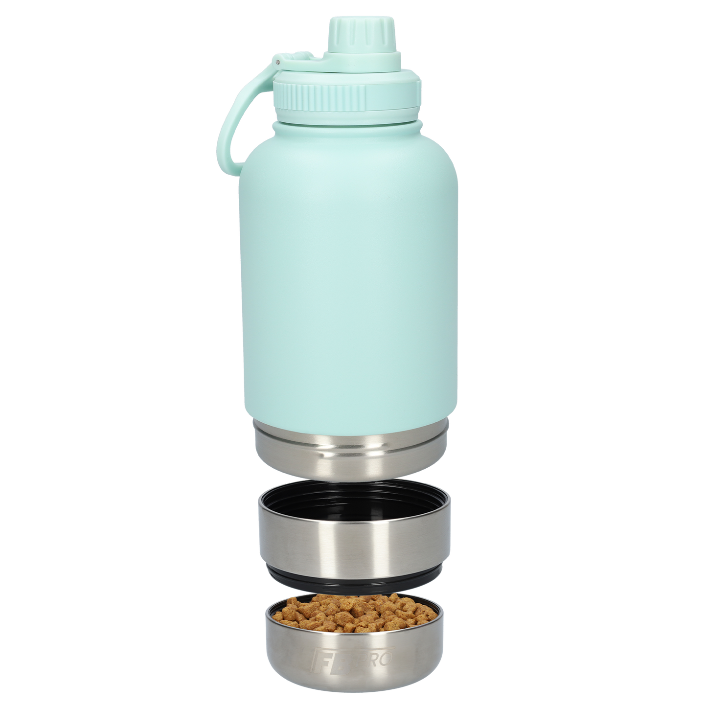 Honden drinkfles met voerbakken - RVS Fles -BPA vrij - 1 Liter - Met handvat - Licht Blauw