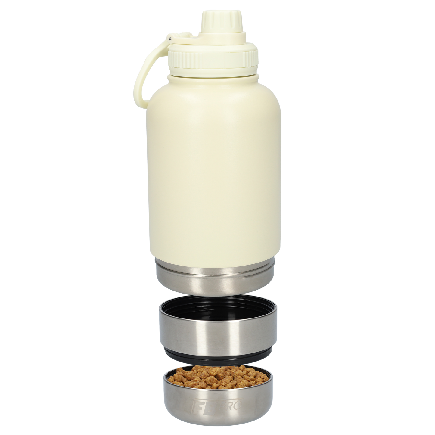 Honden drinkfles met voerbakken - Dubbelwandig - Thermosfles - RVS Fles - BPA vrij - 1 Liter - Met handvat - Créme Wit