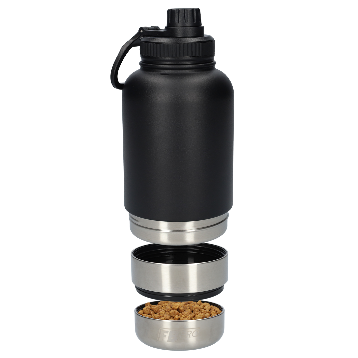 Honden drinkfles met voerbakkens - RVS Fles -BPA vrij - 1 Liter - Met handvat - Zwart